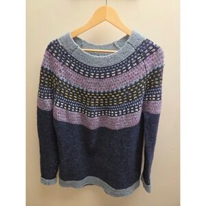 Celtic & Co Womens 100% Pure New Wool Fair Isle Yoke Sweater Navy Grey Knit